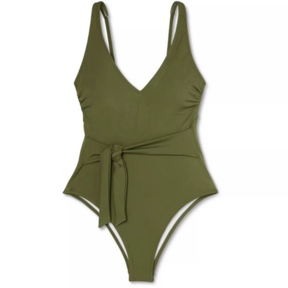 Shade & Shore Green Tie-Front Wrap One Piece Swimsuit